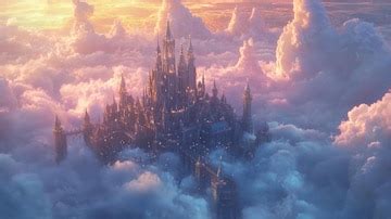 Floating castle above the cloudswith shimmering towers and a sky full ...