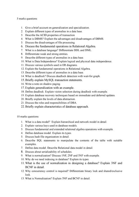 Imp Qtns DBMS - Go through once - 5 marks questions Give a brief ...