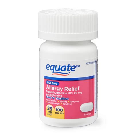 Equate Dye-Free Allergy Relief Medicine, 25 mg, 100ct Tablets - Walmart.com