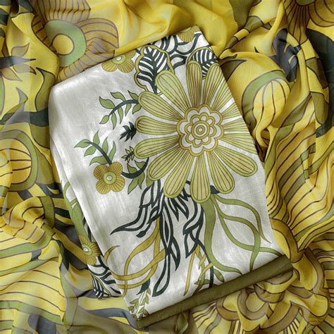 Olive Green Magical Forest Printed Pure Munga Satin Unstitched Suit Se ...