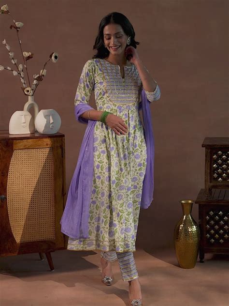 Buy Off White Yoke Design Pure Cotton Anarkali Suit With Dupatta Online ...