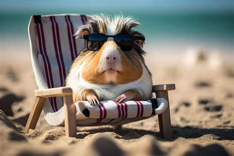 Funny guinea pig relaxes in a deck chair by the sea on the beach ...