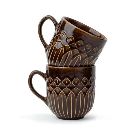 Ceramic Coffee Mugs | Set of 2 | Paro Carving | 330ml | Brown