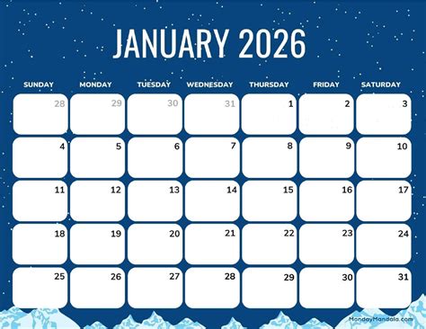 Free Printable January 2026 Calendar