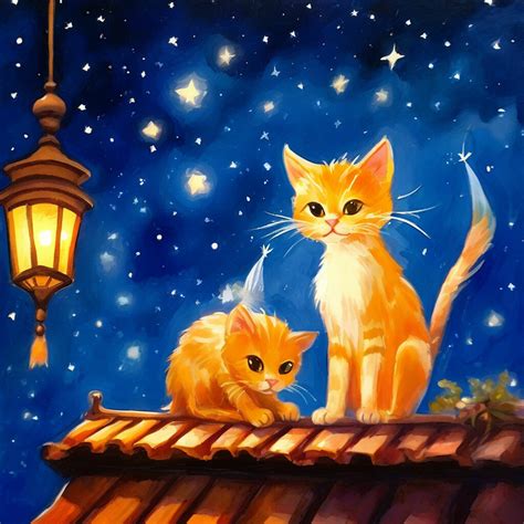 "Gouache-painted cats with long tails walk on a tiled roof, fairies ...
