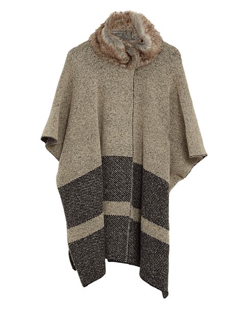 Buy Knitted Striped Faux Fur Collar Poncho at Marks & Spencer