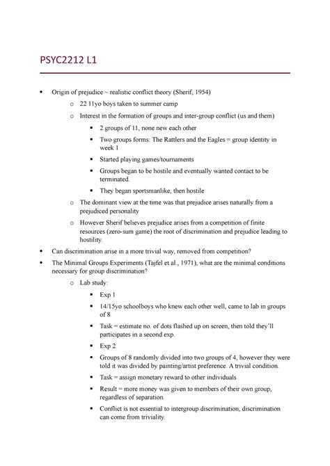 PSYC2212 Lecture notes - PSYC2212 L Origin of prejudice ~ realistic ...