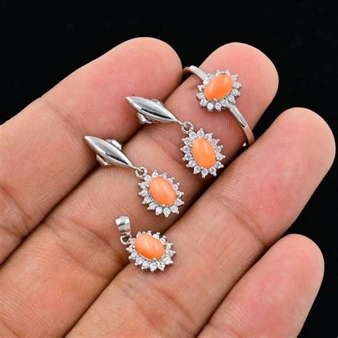 Buy Natural Japanese Coral Jewelry Set, 925 Sterling Silver, May ...