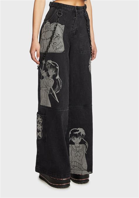 Dolls Kill x Inuyasha Wide Leg Graphic Twill Pants - Black