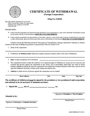 Oklahoma Secretary Of State Certificate Of Withdrawal Form - Fill and ...