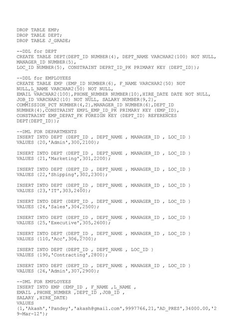 Sql sorce code for table - DROP TABLE EMP; DROP TABLE DEPT; DROP TABLE ...