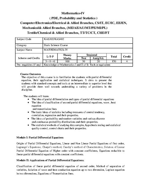 Mathematics IV: PDE, Probability & Statistics Overview (KAS302) - Studocu