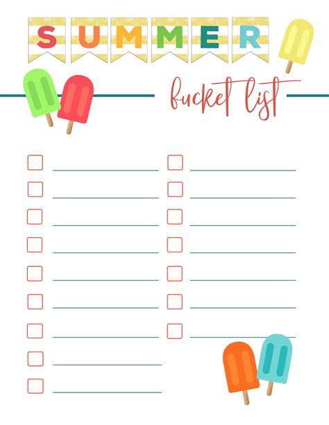 Printable Summer Bucket List Template