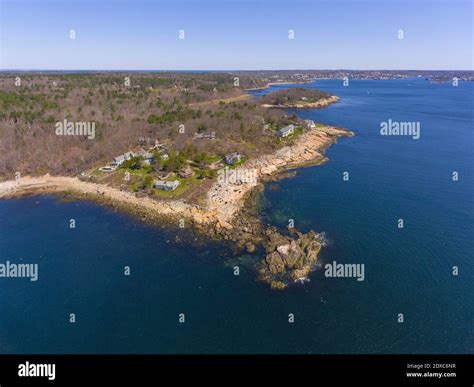 Historic coastal buildings and Mussel Point aerial view on Gloucester ...