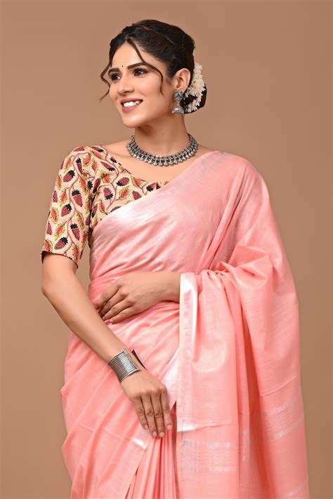 Plain linen Saree With Ajrak Printed Unstiched Blouse – Rajasthan ...
