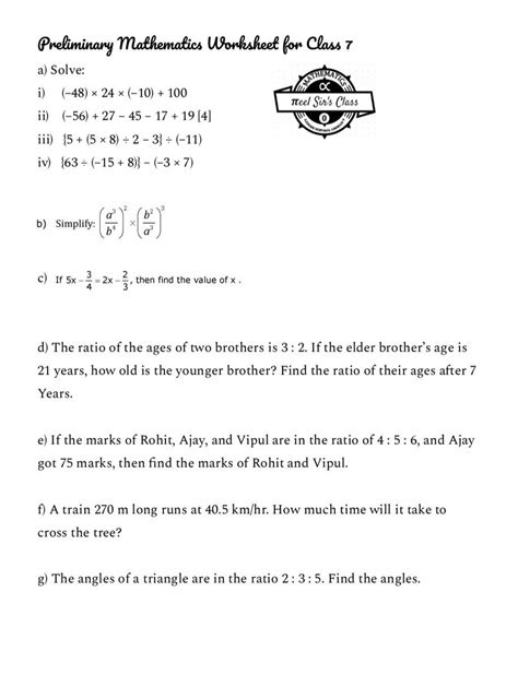 Preliminary Mathematics Worksheet for Class 7 a) Solve: i) (-48) times 2..