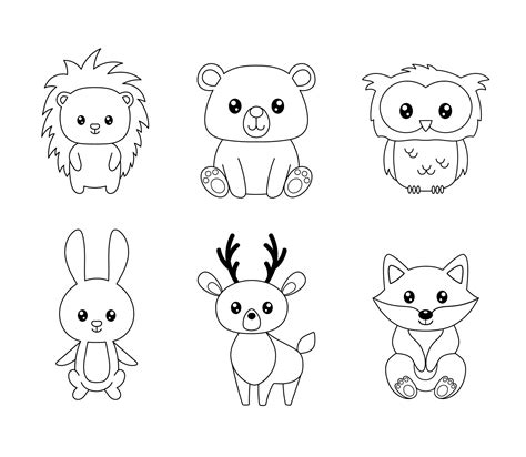 Coloring book or page for kids with forest animals. Woodland outline ...