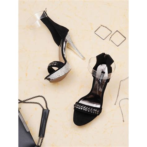 Buy Sherrif Shoes Black Embellished Stiletto Heels with Ankle Strap Online