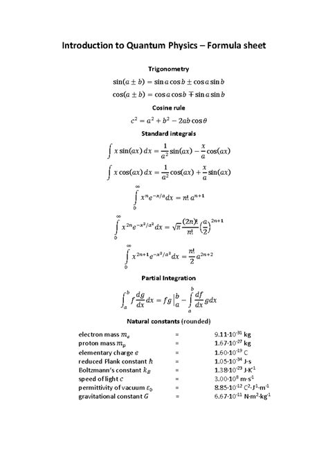 Quantum Formula Sheet Physicist Page Quantum Theory 11