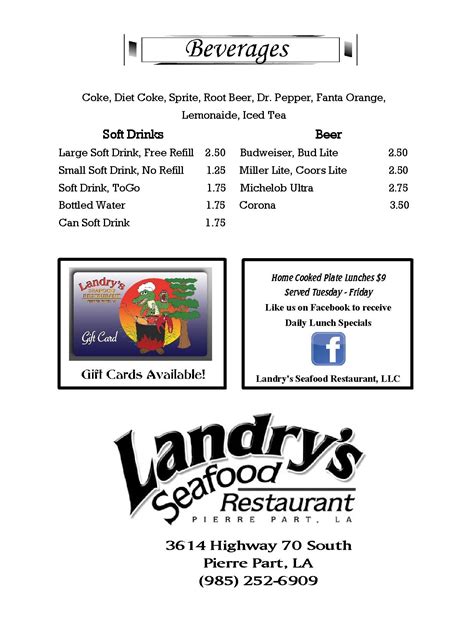 Menu at Landry's Seafood restaurant, Pierre Part