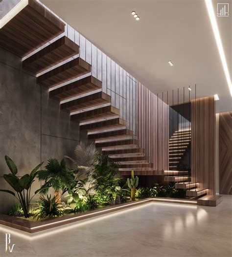 Modern Hall Design with Wood Stairs and Plants