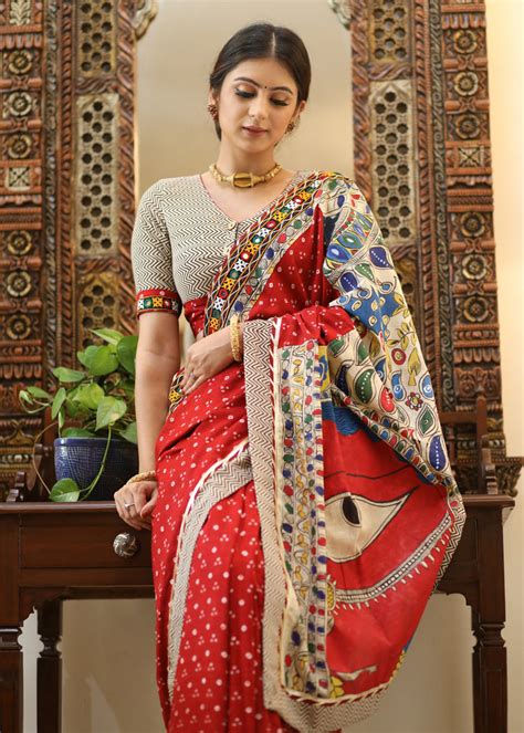 Exclusive red Bandhani saree with elegant hand painted Madhubani Pallu ...