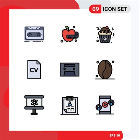 Pictogram Set of 9 Simple Filledline Flat Colors of coffee audiotape ...