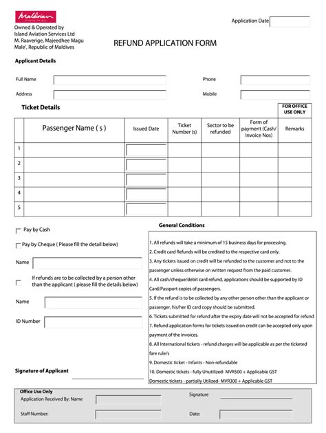 MV Maldivian Aero Refund Application Form - Blank Fillable Template ...