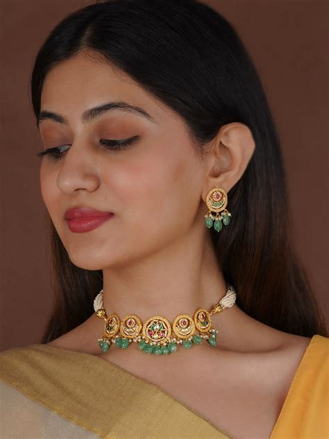 Multicolor Gold Plated Jadau Kundan Necklace Set - MS1976M – Mortantra