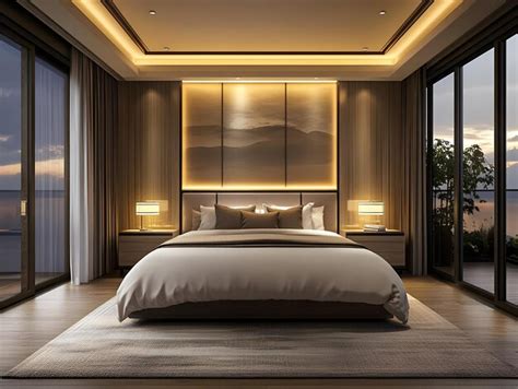 3d illustration of a modern bedroom interior design with ocean view ...