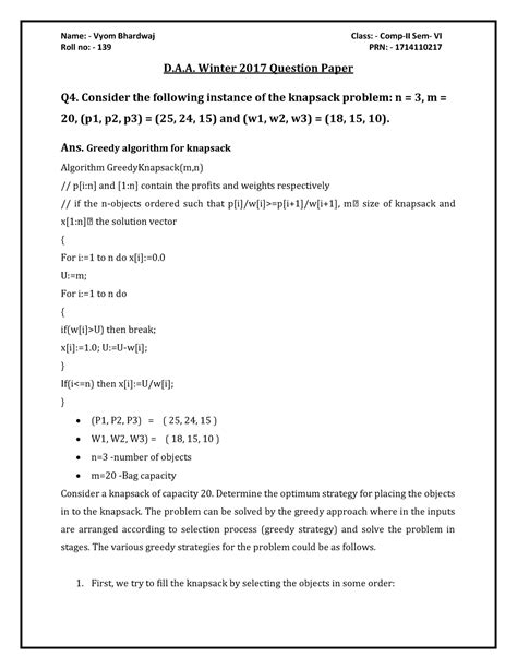 DAA-winter paper - Lecture notes 5 - Roll no: - 139 PRN: - 1714110217 D ...