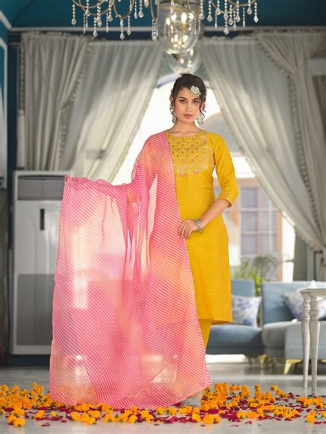 Varanga yellow yoke embroidered kurta paired with tonal bottom and ...