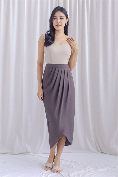 Mikaela Tulip Colourblock Work Dress In Mauve Grey/Cream – The Design Closets