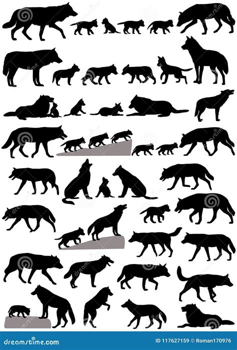 Silhouettes of Wolves and Wolf-cubs Stock Vector - Illustration of howl, young: 117627159