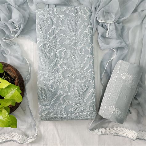 SUVINA-Pure Cotton Grey With White Heavy Emboriderey Top And Bottom An ...