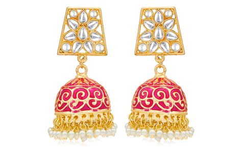 Sukkhi Gorgeous Pearl Gold Plated Pink Brass Kundan Meenakari Jhumki ...