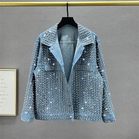 Women Rhinestone Oversized Denim Blue Embellished Long Sleeve Jeans ...