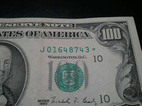 SERIES 1990 $100 DOLLAR BILL ~ STAR NOTE ~ J 01648743 * ~ CIRCULATED ...