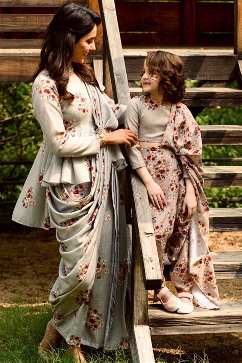 Mother Daughter Laurel Green Fusion Saree Set – Pasha India