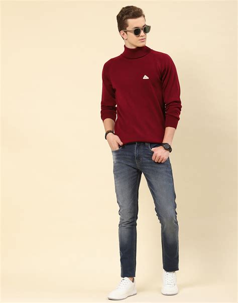 Buy Men Red Solid High Neck Full Sleeve Pullover Online in India ...