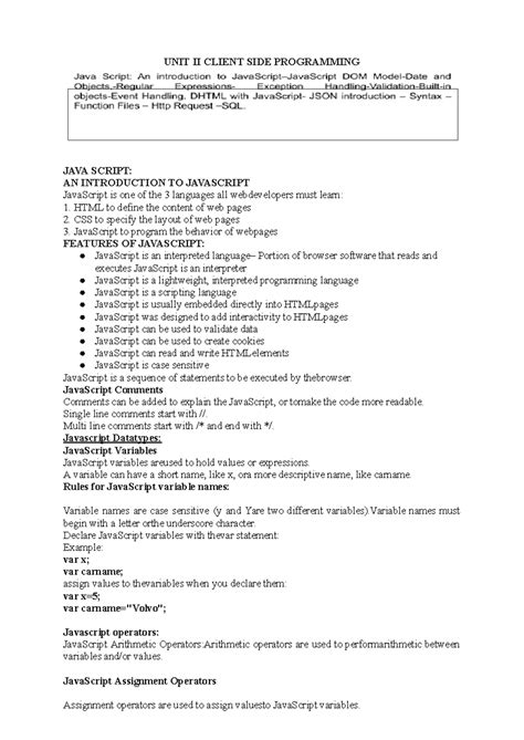 WT UNIT 2 - UNIT II CLIENT SIDE PROGRAMMING JAVA SCRIPT: AN ...