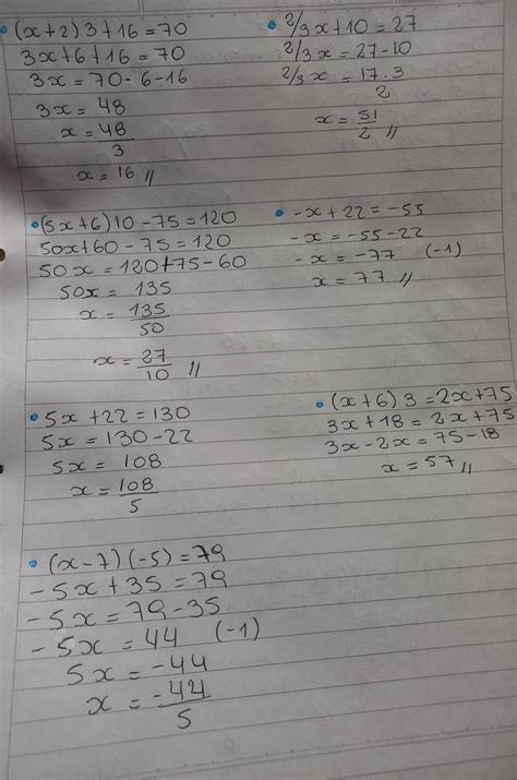 (resolver las sig ecuaciones) 1) (x+2) 3+16= 70 2) ⅔x+10= 27 3) 5x+6)10 ...