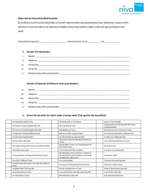 Fillable Online Claim Form for Personal Accident Insurance (To be ...