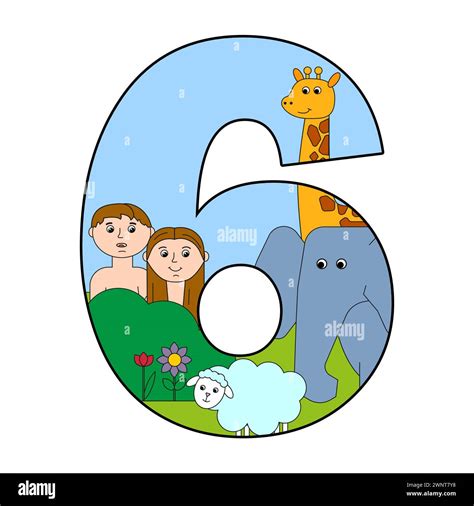 Number six depicting the sixth day of creation with animals and humans ...