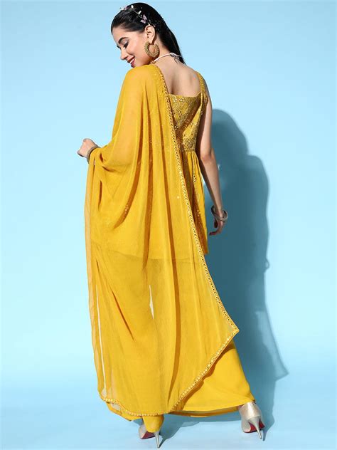 Buy Mustard Embroidered Georgette Anarkali Kurta With Palazzos Online ...