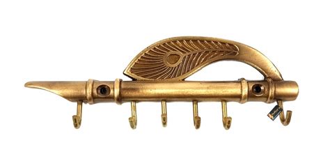 Lord Krishna's Flute and Peacock Quills Brass Key Holder with 6 Hooks