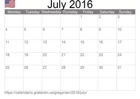Calendar July 2016 from United States of America in English: Holidays ...