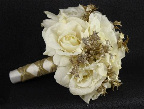 Items similar to Cream White & Gold Wedding Bridal Bouquet, Boutonniere ...