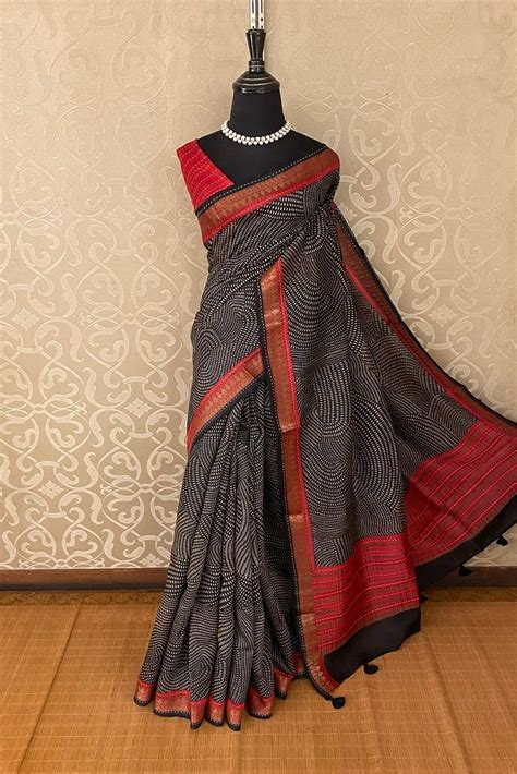 Black Munga Silk Printed Saree With Kantha Work – Saarang Sarees