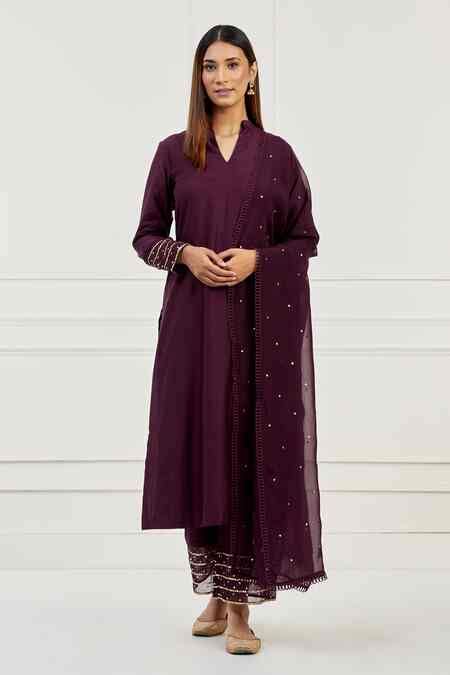 Buy Purple Chanderi Embroidered Chita Mandarin Collar Kurta Pant Set ...